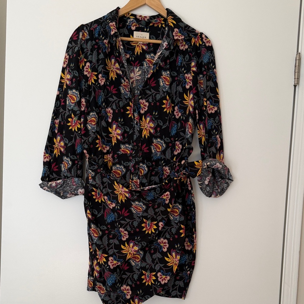 Sezane Jamy Colorful Floral Print Wrap Dress Size Medium 8 Spring Fall - Picture 4 of 6